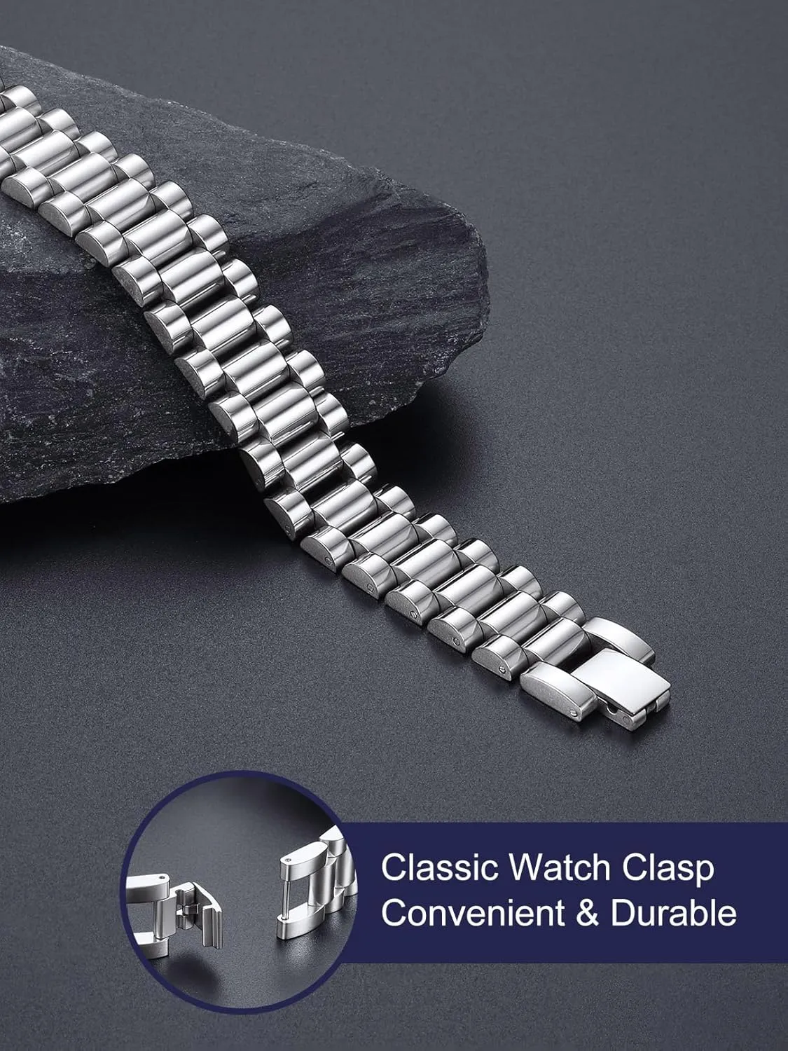 Bandmax Stainless Steel Watch Strap Link Chain Bracelets 10MM/15MM Waterproof Chic Chunky Fake Watch Hand Chain Wristbands Gift for Men Women, Custom Available