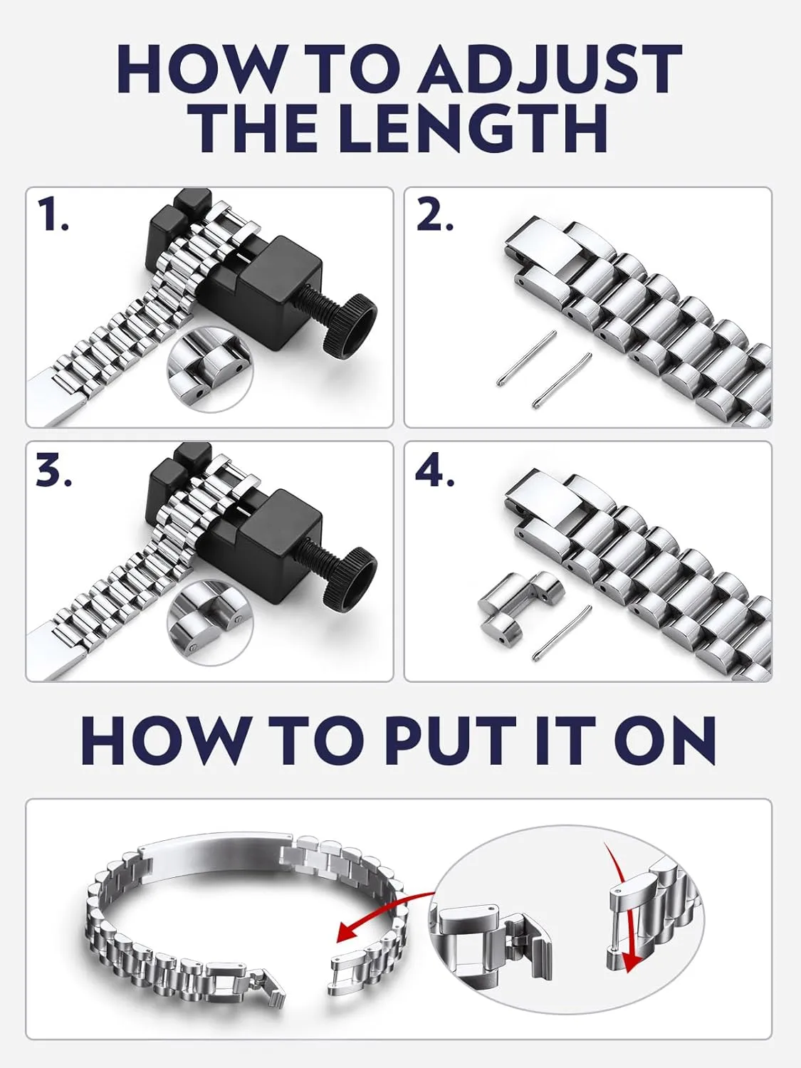 Bandmax Stainless Steel Watch Strap Link Chain Bracelets 10MM/15MM Waterproof Chic Chunky Fake Watch Hand Chain Wristbands Gift for Men Women, Custom Available
