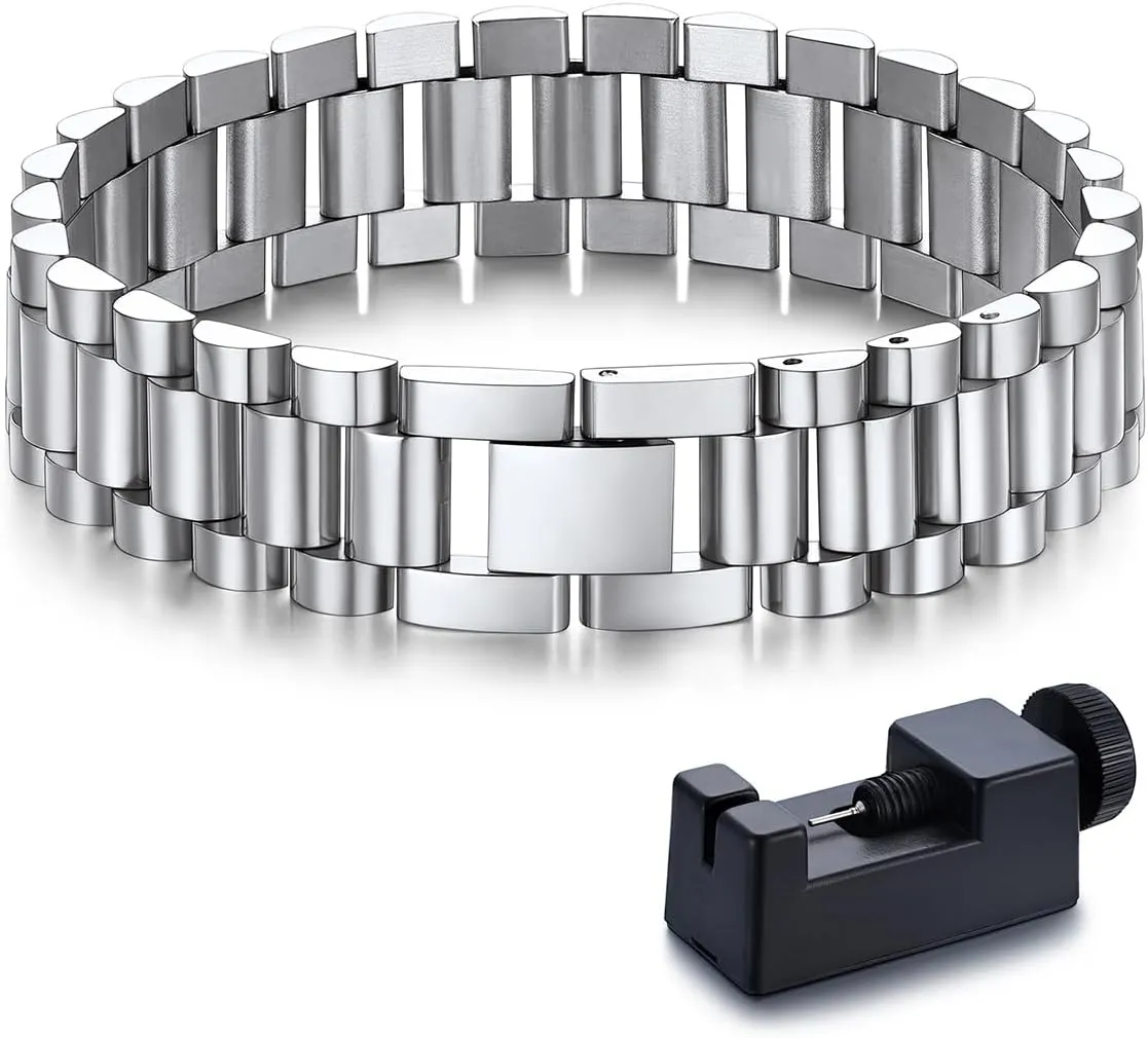 Bandmax Stainless Steel Watch Strap Link Chain Bracelets 10MM/15MM Waterproof Chic Chunky Fake Watch Hand Chain Wristbands Gift for Men Women, Custom Available