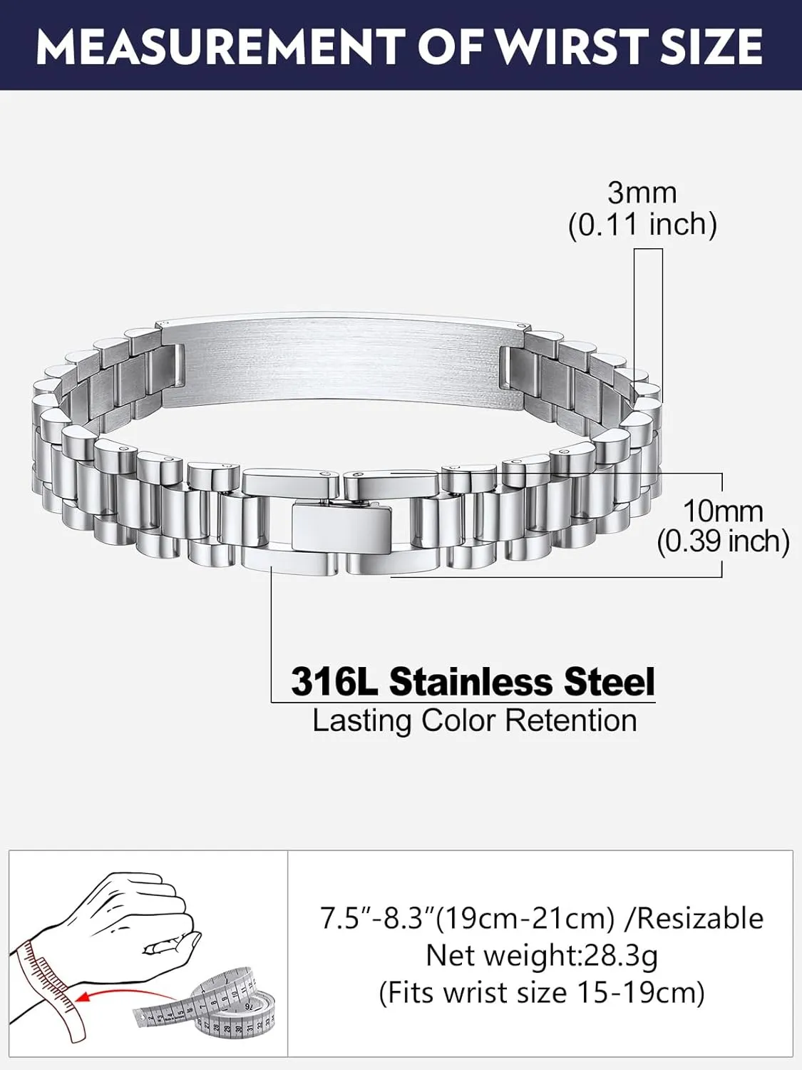 Bandmax Stainless Steel Watch Strap Link Chain Bracelets 10MM/15MM Waterproof Chic Chunky Fake Watch Hand Chain Wristbands Gift for Men Women, Custom Available