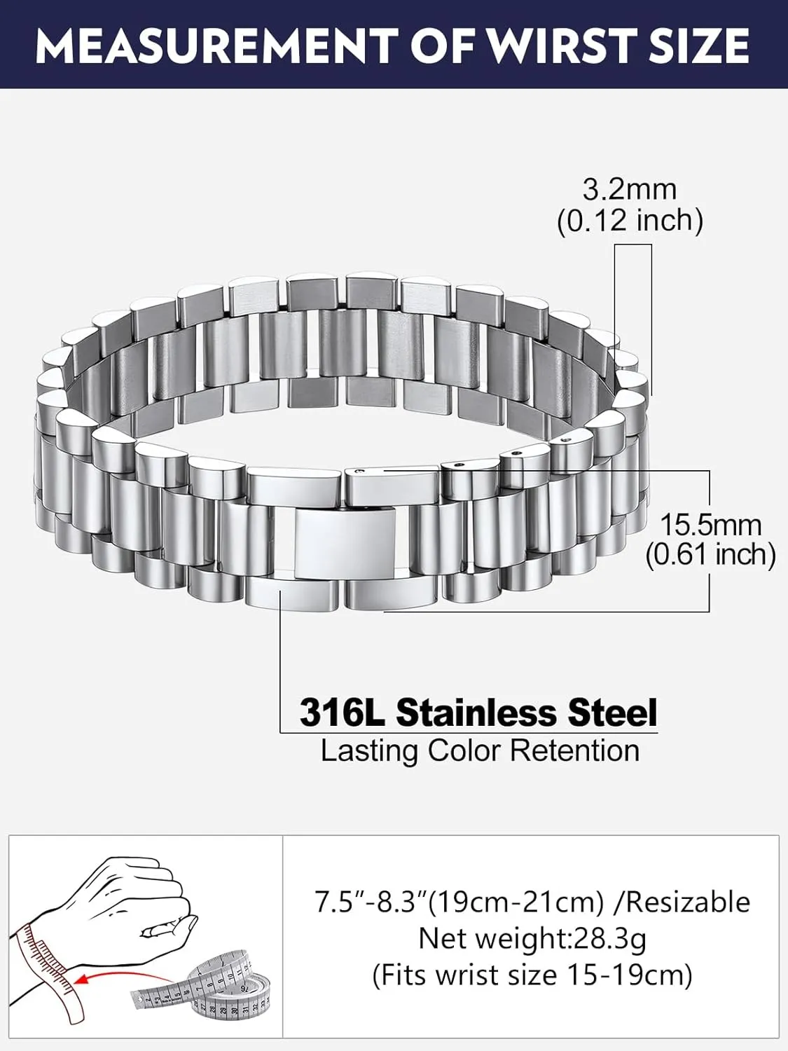 Bandmax Stainless Steel Watch Strap Link Chain Bracelets 10MM/15MM Waterproof Chic Chunky Fake Watch Hand Chain Wristbands Gift for Men Women, Custom Available