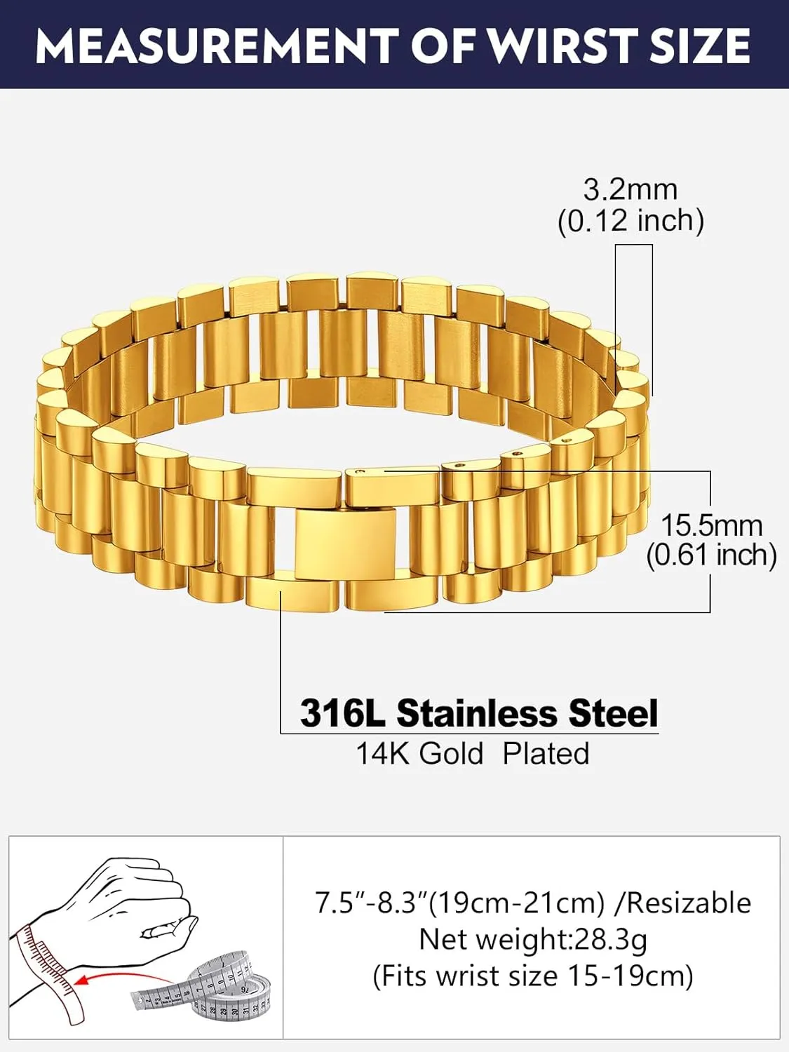 Bandmax Stainless Steel Watch Strap Link Chain Bracelets 10MM/15MM Waterproof Chic Chunky Fake Watch Hand Chain Wristbands Gift for Men Women, Custom Available