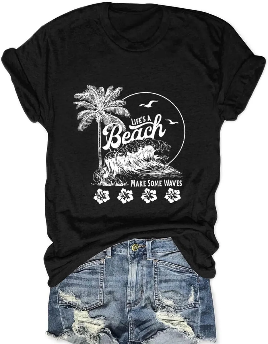 Beach Shirts for Women Summer Graphic Casual Tee Tops Short Sleeve Vacation Vintage Tshirt
