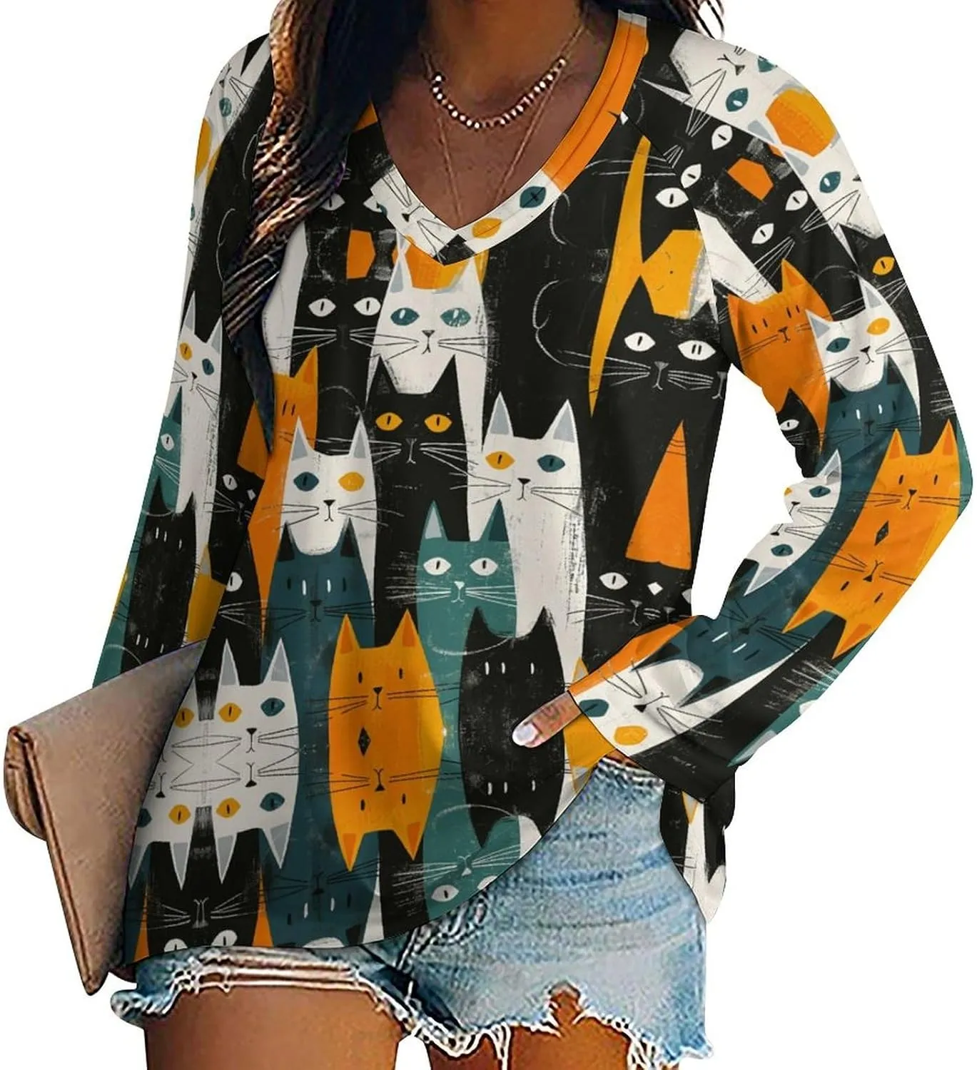 Bengbobar Funny Cat Shirts for Women Women's Black Cat T Shirt Pullover Cute Cat Lover 3D Graphic Print Sweatshirts Fall Tops