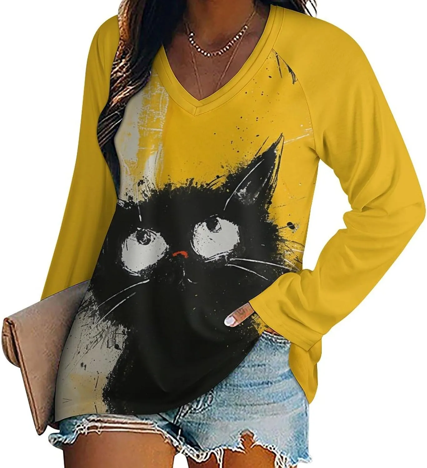 Bengbobar Funny Cat Shirts for Women Women's Black Cat T Shirt Pullover Cute Cat Lover 3D Graphic Print Sweatshirts Fall Tops