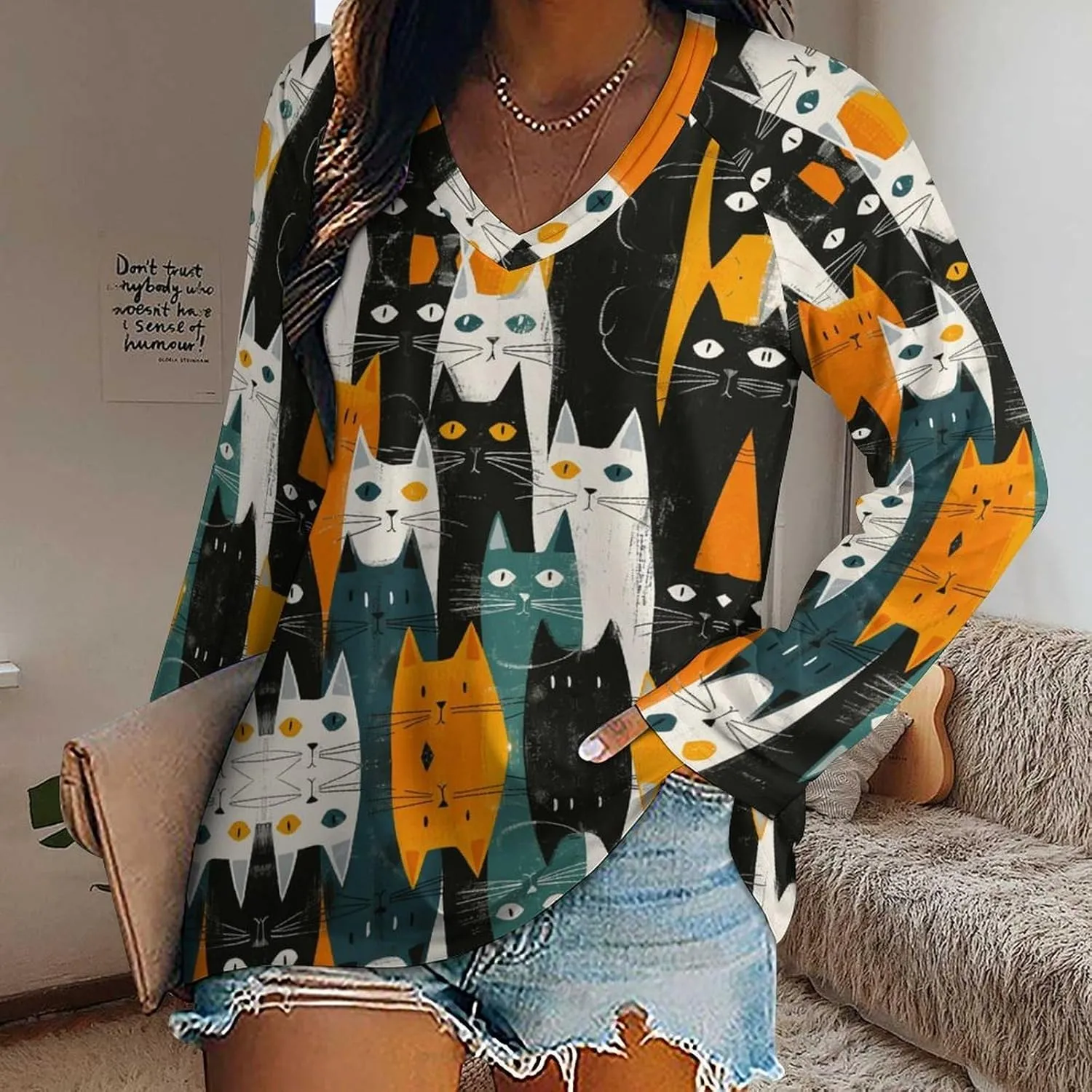 Bengbobar Funny Cat Shirts for Women Women's Black Cat T Shirt Pullover Cute Cat Lover 3D Graphic Print Sweatshirts Fall Tops