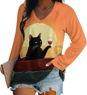 Bengbobar Funny Cat Shirts for Women Women's Black Cat T Shirt Pullover Cute Cat Lover 3D Graphic Print Sweatshirts Fall Tops