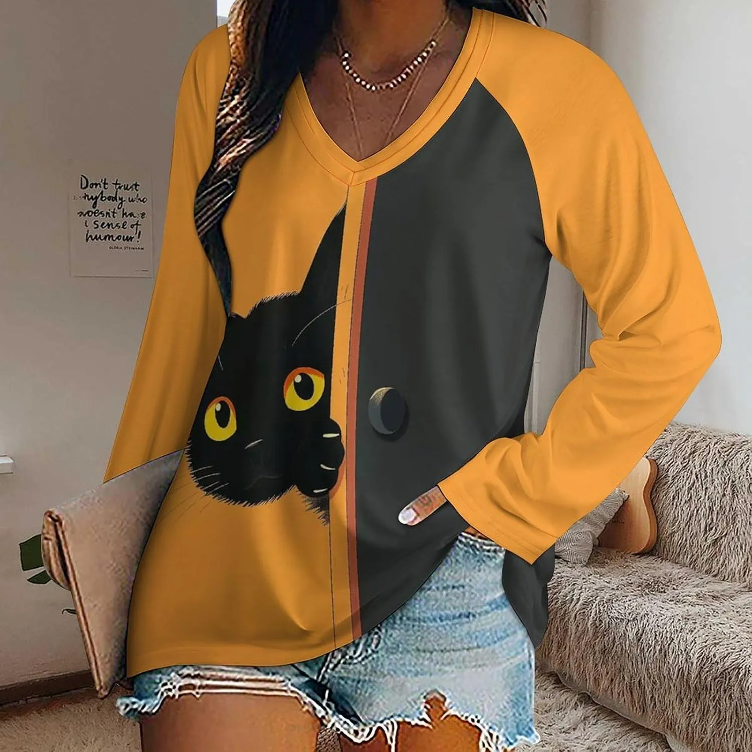 Bengbobar Funny Cat Shirts for Women Women's Black Cat T Shirt Pullover Cute Cat Lover 3D Graphic Print Sweatshirts Fall Tops