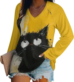 Bengbobar Funny Cat Shirts for Women Women's Black Cat T Shirt Pullover Cute Cat Lover 3D Graphic Print Sweatshirts Fall Tops