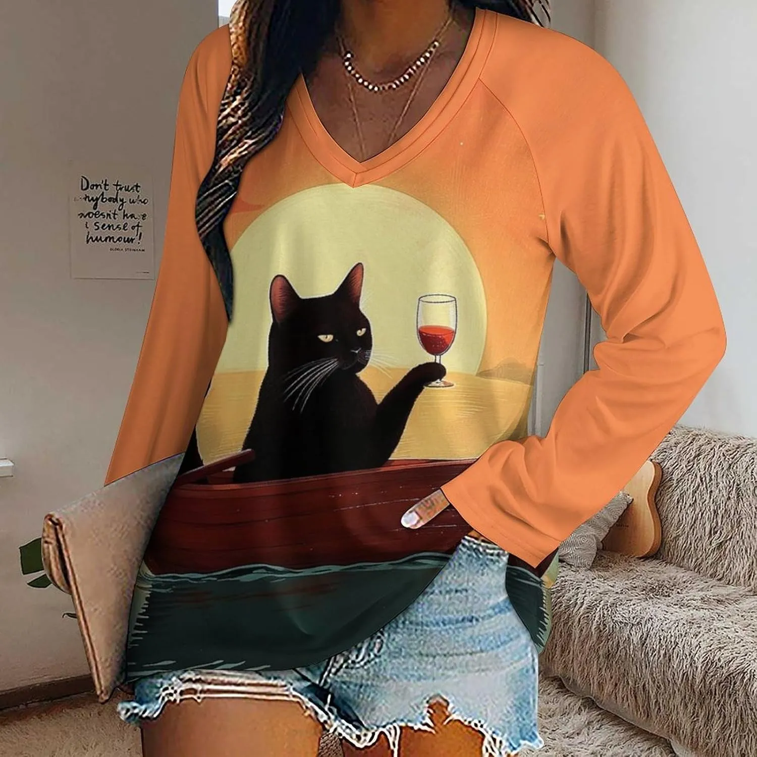 Bengbobar Funny Cat Shirts for Women Women's Black Cat T Shirt Pullover Cute Cat Lover 3D Graphic Print Sweatshirts Fall Tops