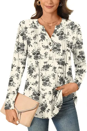Bestbee Women's Long Sleeve Button-Down Shirts V Neck Tunic Tops 2024 Fall Tops Casual T-Shirts Dressy Blouses
