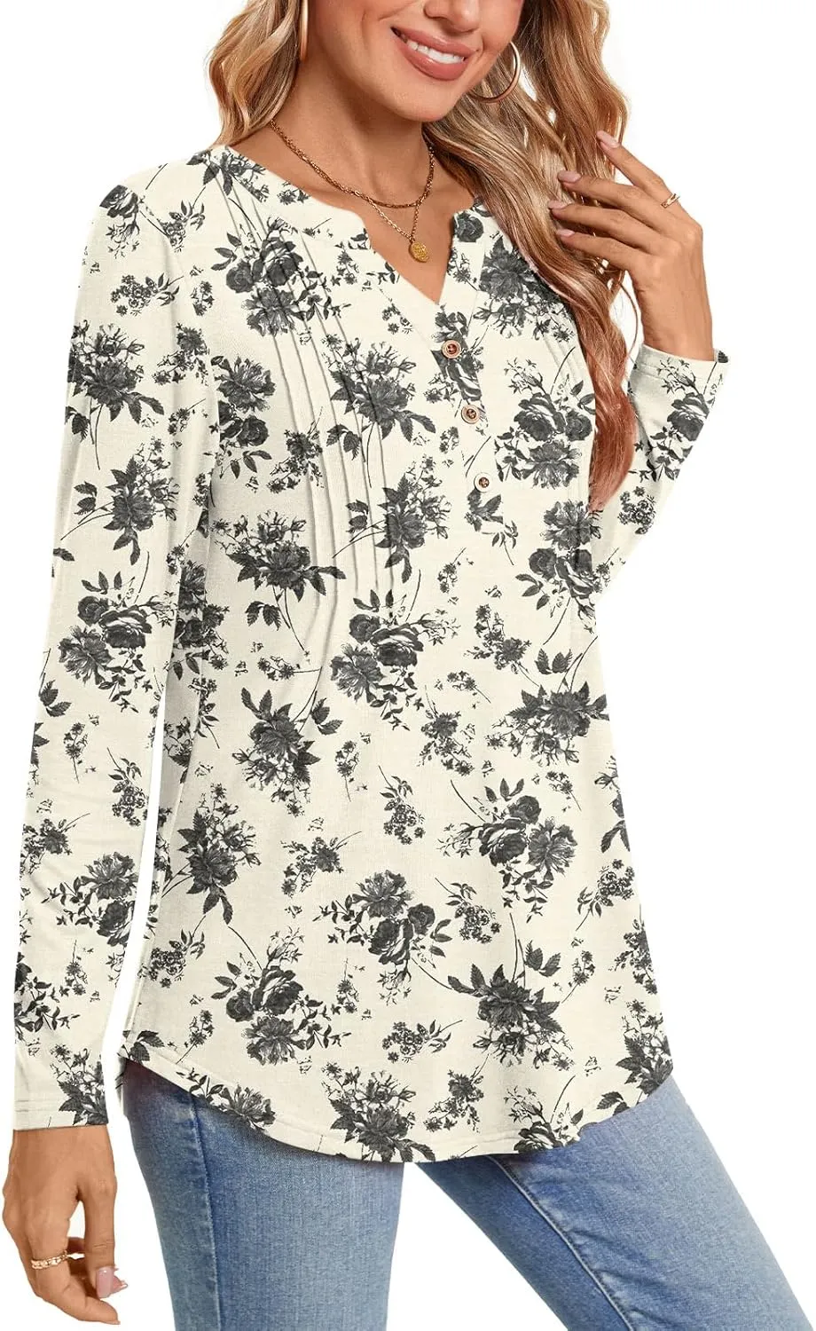 Bestbee Women's Long Sleeve Button-Down Shirts V Neck Tunic Tops 2024 Fall Tops Casual T-Shirts Dressy Blouses