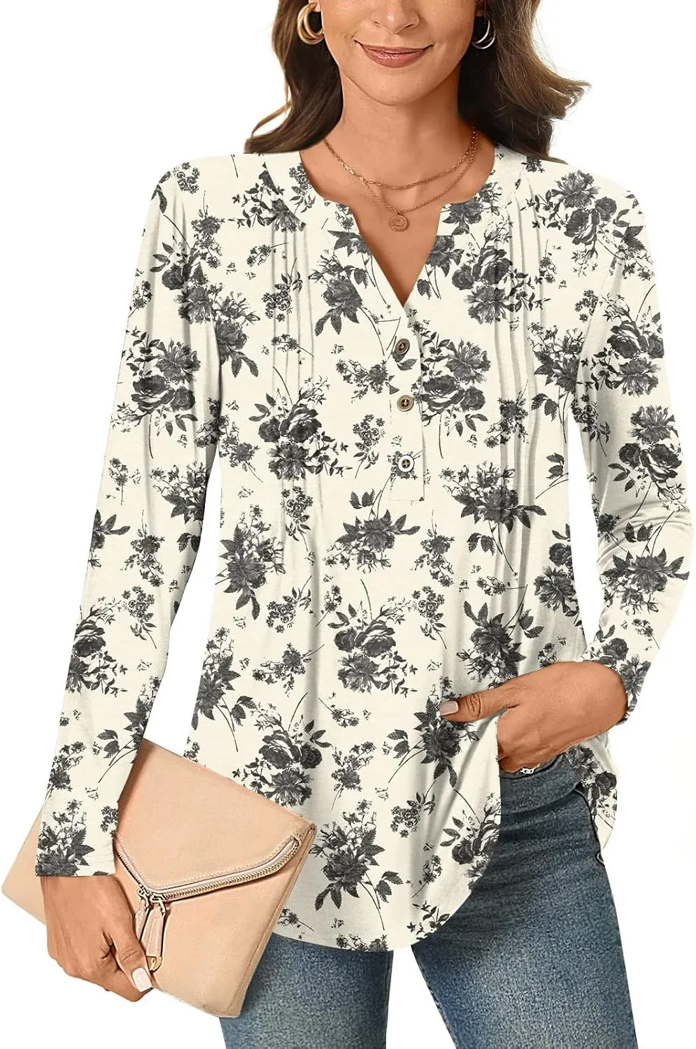 Bestbee Women's Long Sleeve Button-Down Shirts V Neck Tunic Tops 2024 Fall Tops Casual T-Shirts Dressy Blouses