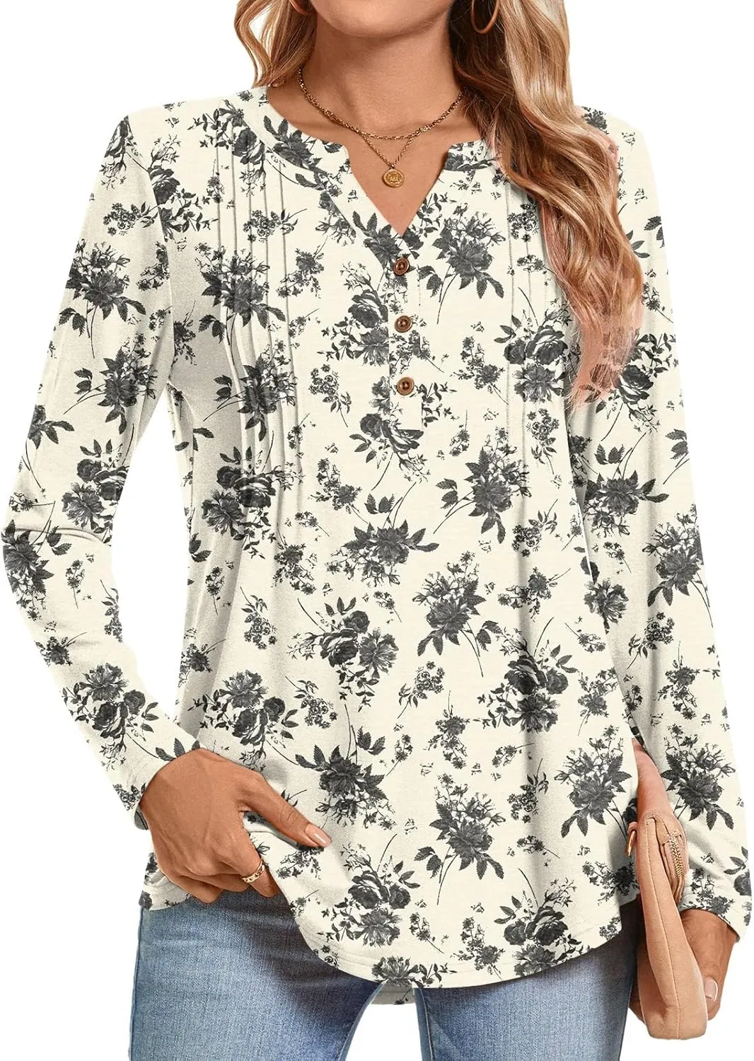Bestbee Women's Long Sleeve Button-Down Shirts V Neck Tunic Tops 2024 Fall Tops Casual T-Shirts Dressy Blouses