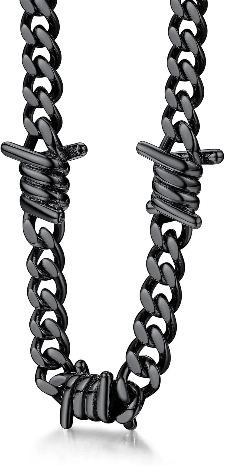 Bestyle Unique 7/9mm Cuban Link Chain Thorns Choker Necklace Hip-hop Punk Gothic Stainless Steel Chain Heavy Thick Barbed Wire Necklace for Men Women, Length 16/18/20 Inch