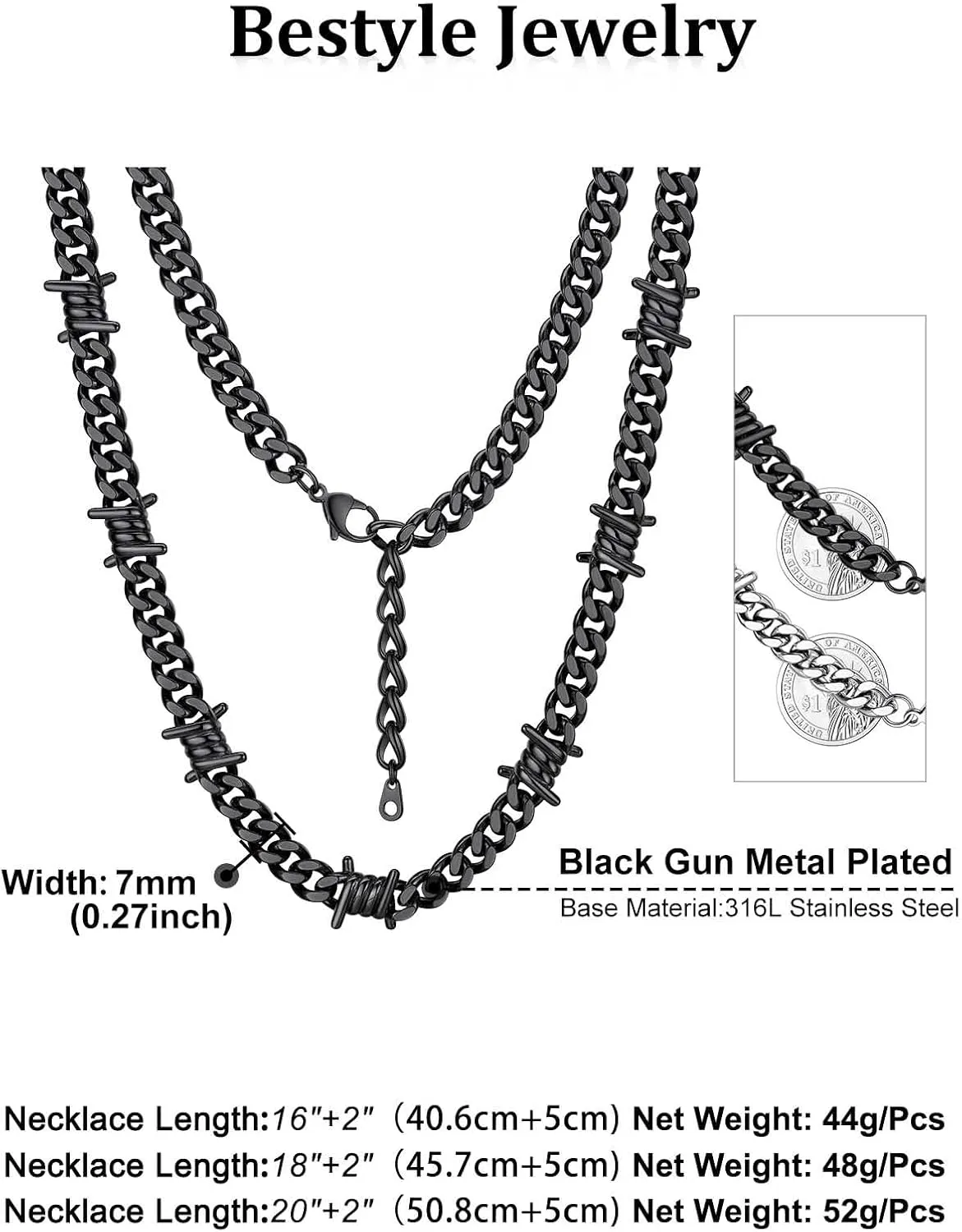 Bestyle Unique 7/9mm Cuban Link Chain Thorns Choker Necklace Hip-hop Punk Gothic Stainless Steel Chain Heavy Thick Barbed Wire Necklace for Men Women, Length 16/18/20 Inch