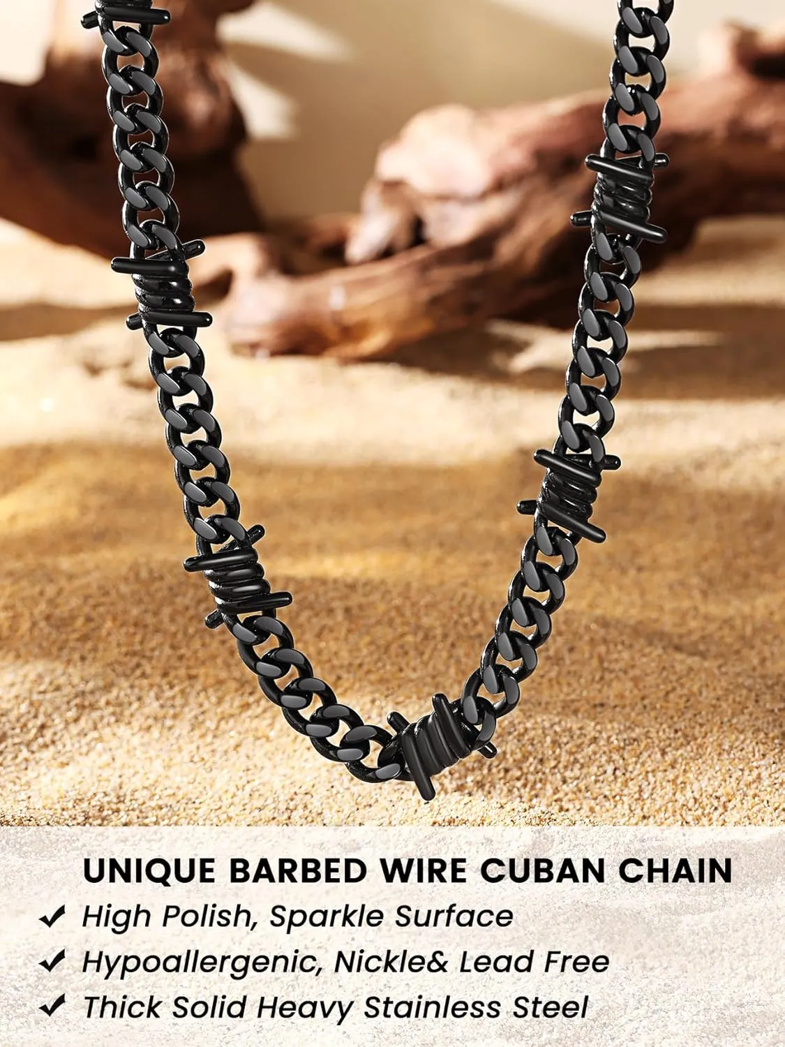 Bestyle Unique 7/9mm Cuban Link Chain Thorns Choker Necklace Hip-hop Punk Gothic Stainless Steel Chain Heavy Thick Barbed Wire Necklace for Men Women, Length 16/18/20 Inch