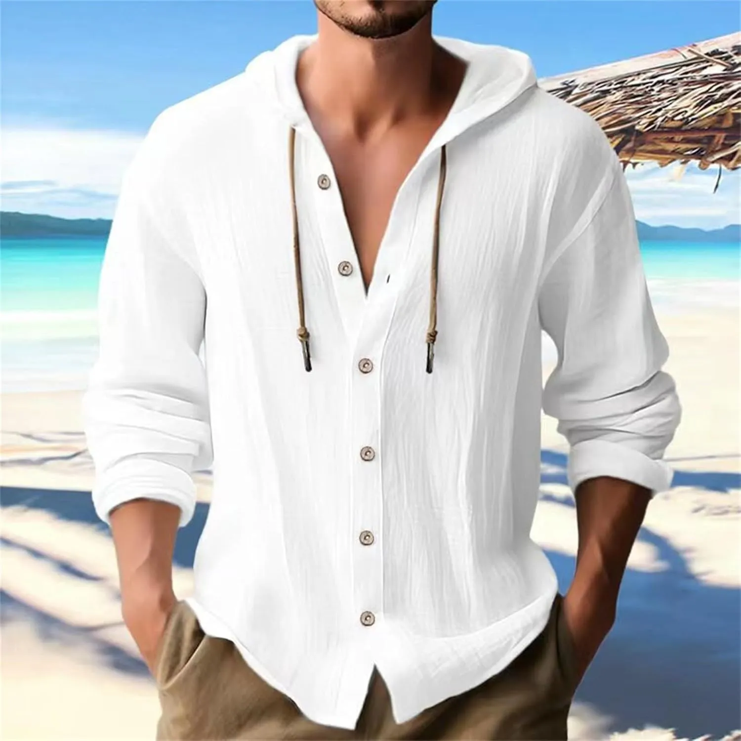 Big and Tall Linen Hoodie Beach Hippie Shirts for Men Casual Button Up Long Sleeve Shirts Plus Size Mens Linen Shirt