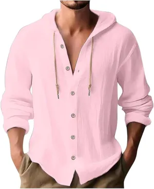 Big and Tall Linen Hoodie Beach Hippie Shirts for Men Casual Button Up Long Sleeve Shirts Plus Size Mens Linen Shirt
