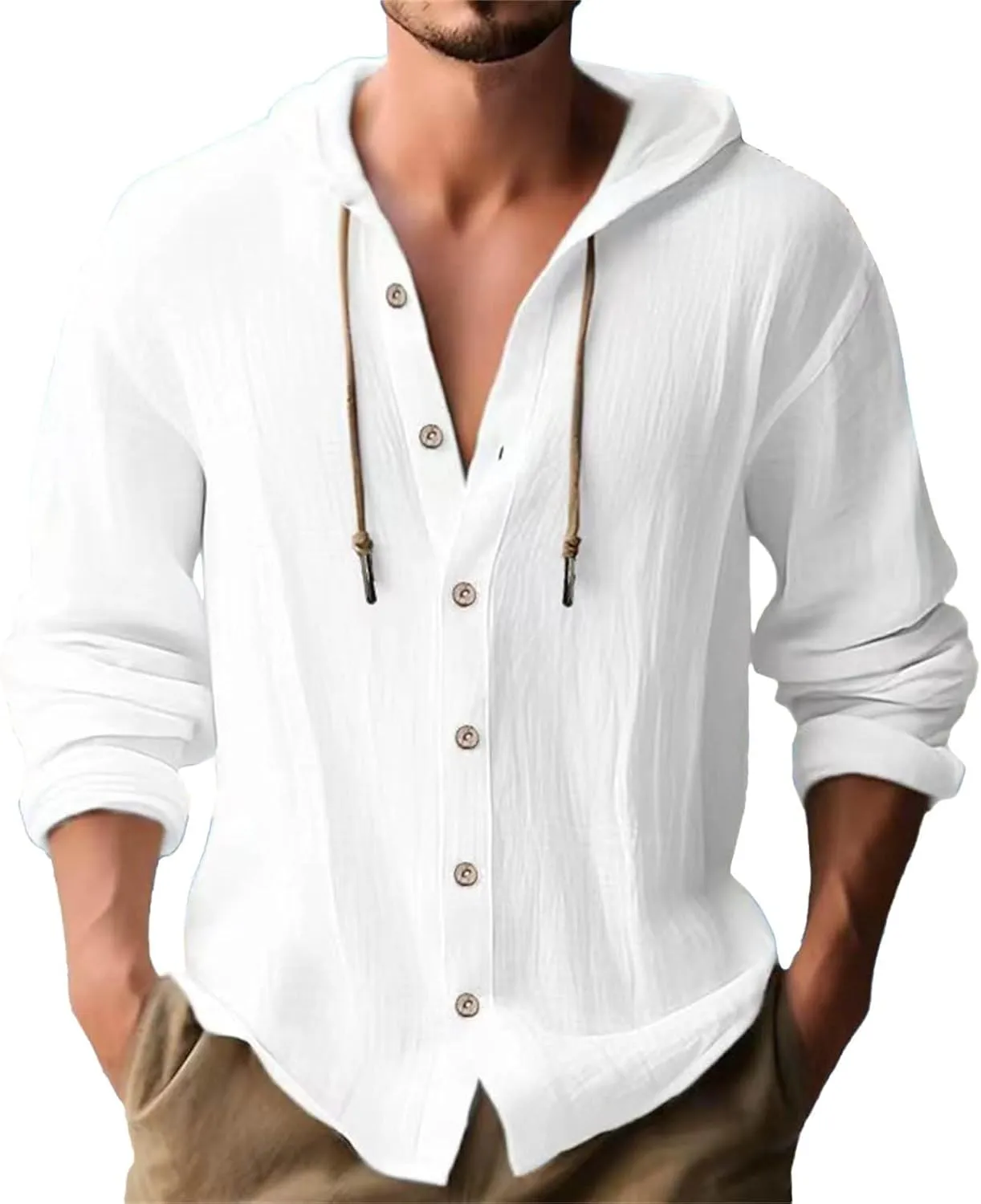 Big and Tall Linen Hoodie Beach Hippie Shirts for Men Casual Button Up Long Sleeve Shirts Plus Size Mens Linen Shirt