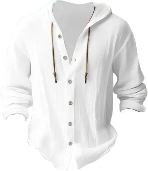 Big and Tall Linen Hoodie Beach Hippie Shirts for Men Casual Button Up Long Sleeve Shirts Plus Size Mens Linen Shirt