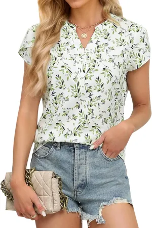 Blooming Jelly Womens Dressy Casual Tops Business Casual Cap Sleeve Work Blouses Chiffon V Neck Button Down Shirts