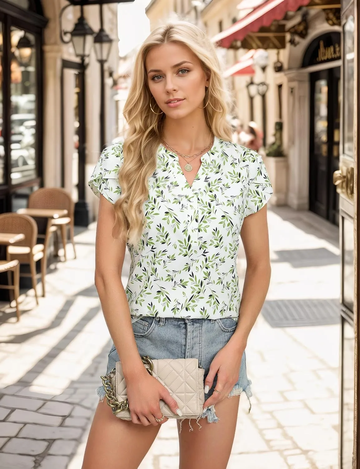 Blooming Jelly Womens Dressy Casual Tops Business Casual Cap Sleeve Work Blouses Chiffon V Neck Button Down Shirts