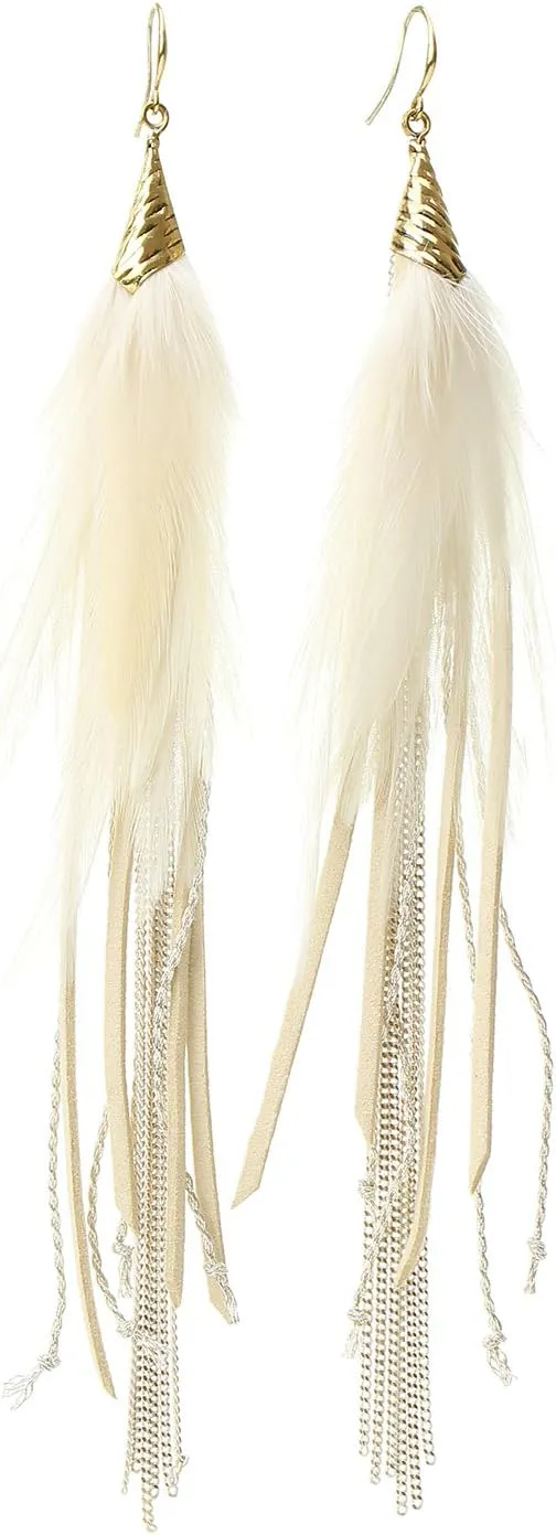 Bohemian Feather Dangle Earrings for Women with Shell Beads Long Tassel Design Drop Earrings