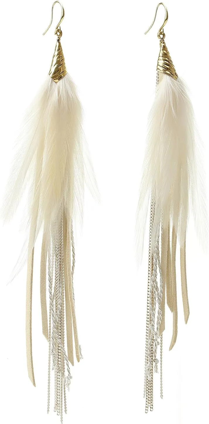 Bohemian Feather Dangle Earrings for Women with Shell Beads Long Tassel Design Drop Earrings
