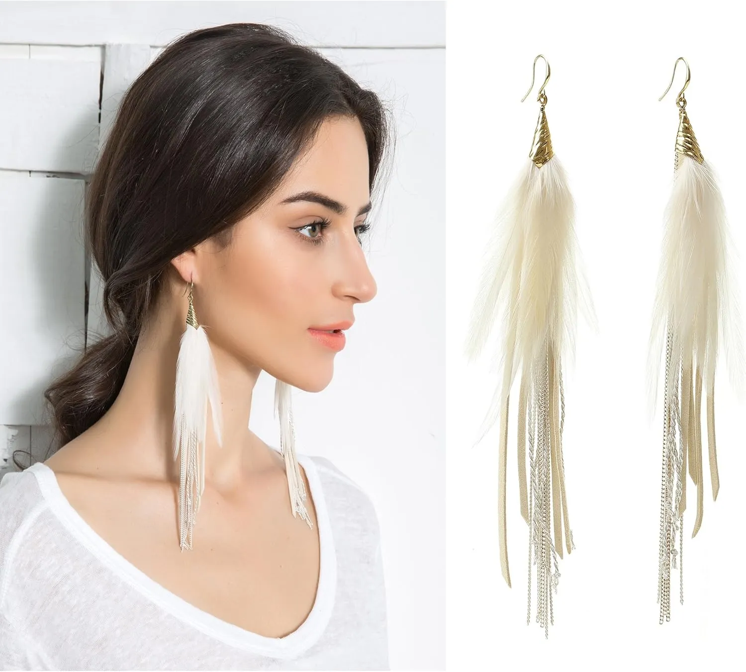 Bohemian Feather Dangle Earrings for Women with Shell Beads Long Tassel Design Drop Earrings