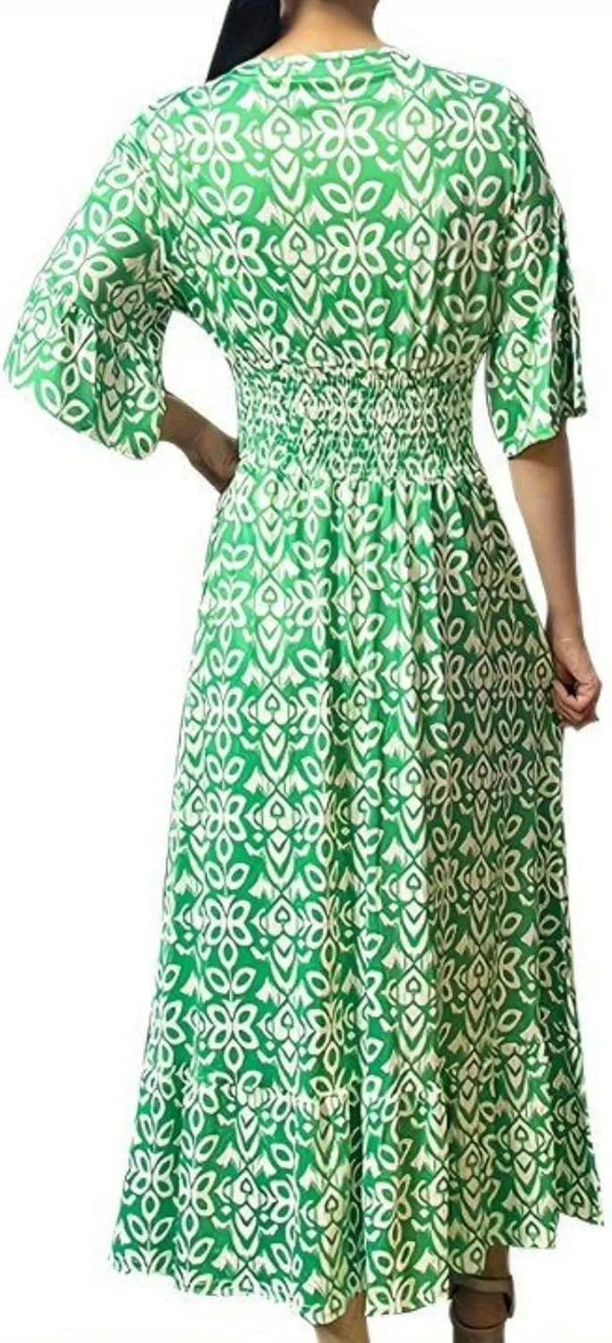Boho Floral Dress for Women V Neck Wrap Midi Dress Plus Size Casual Flowy Summer Bohemian Dress