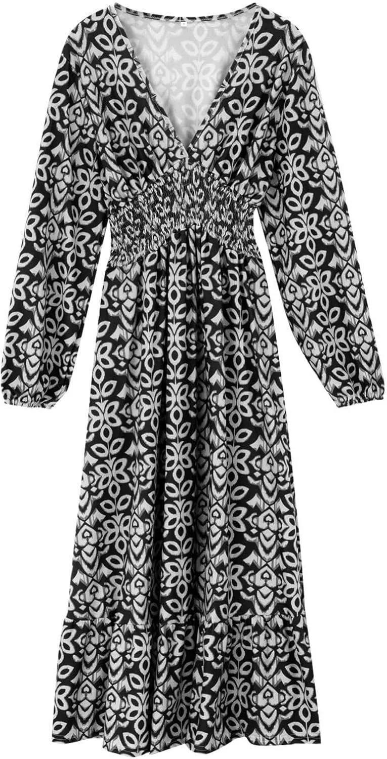 Boho Floral Dress for Women V Neck Wrap Midi Dress Plus Size Casual Flowy Summer Bohemian Dress