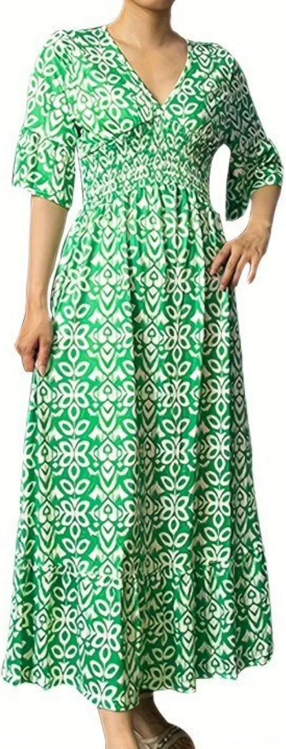 Boho Floral Dress for Women V Neck Wrap Midi Dress Plus Size Casual Flowy Summer Bohemian Dress
