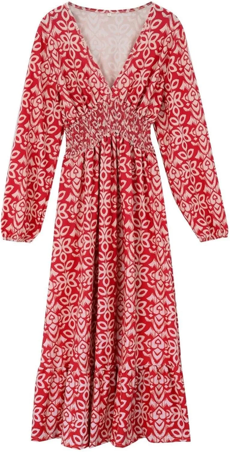 Boho Floral Dress for Women V Neck Wrap Midi Dress Plus Size Casual Flowy Summer Bohemian Dress