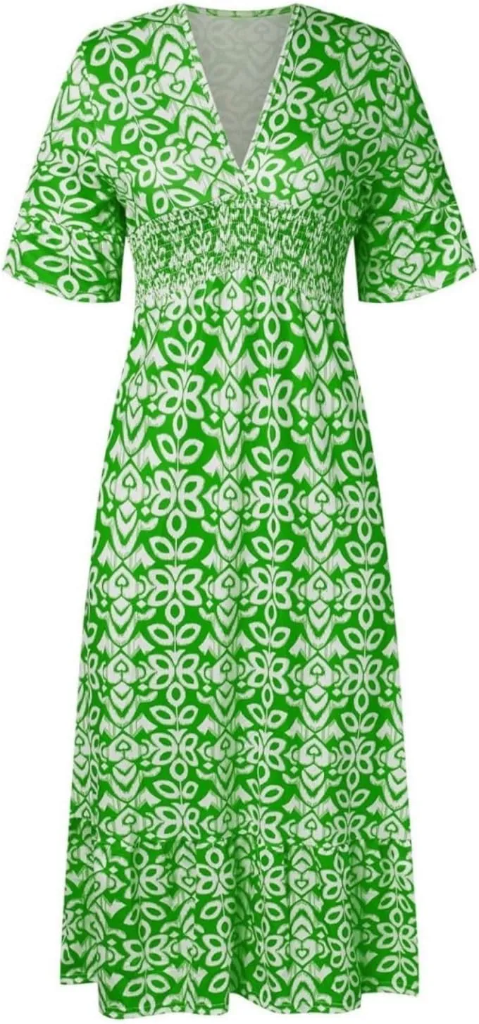 Boho Floral Dress for Women V Neck Wrap Midi Dress Plus Size Casual Flowy Summer Bohemian Dress