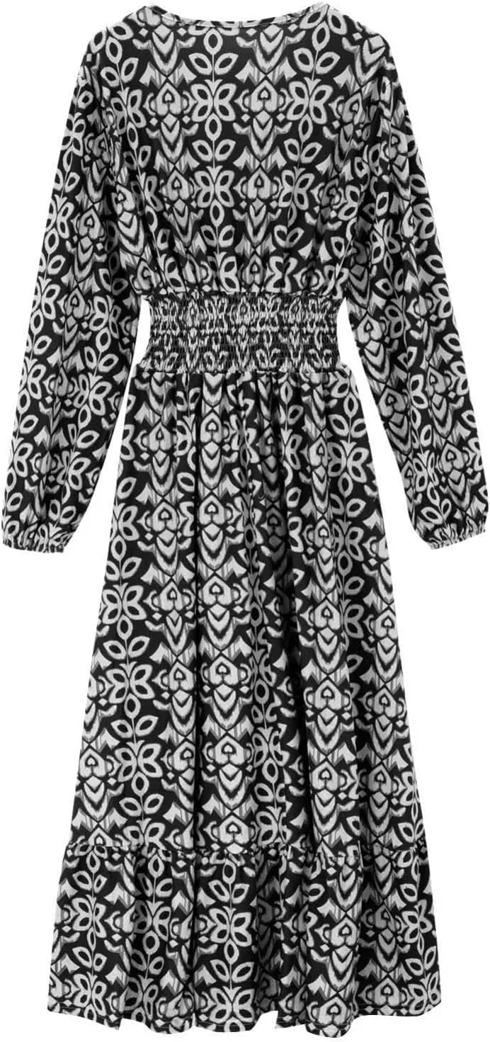 Boho Floral Dress for Women V Neck Wrap Midi Dress Plus Size Casual Flowy Summer Bohemian Dress