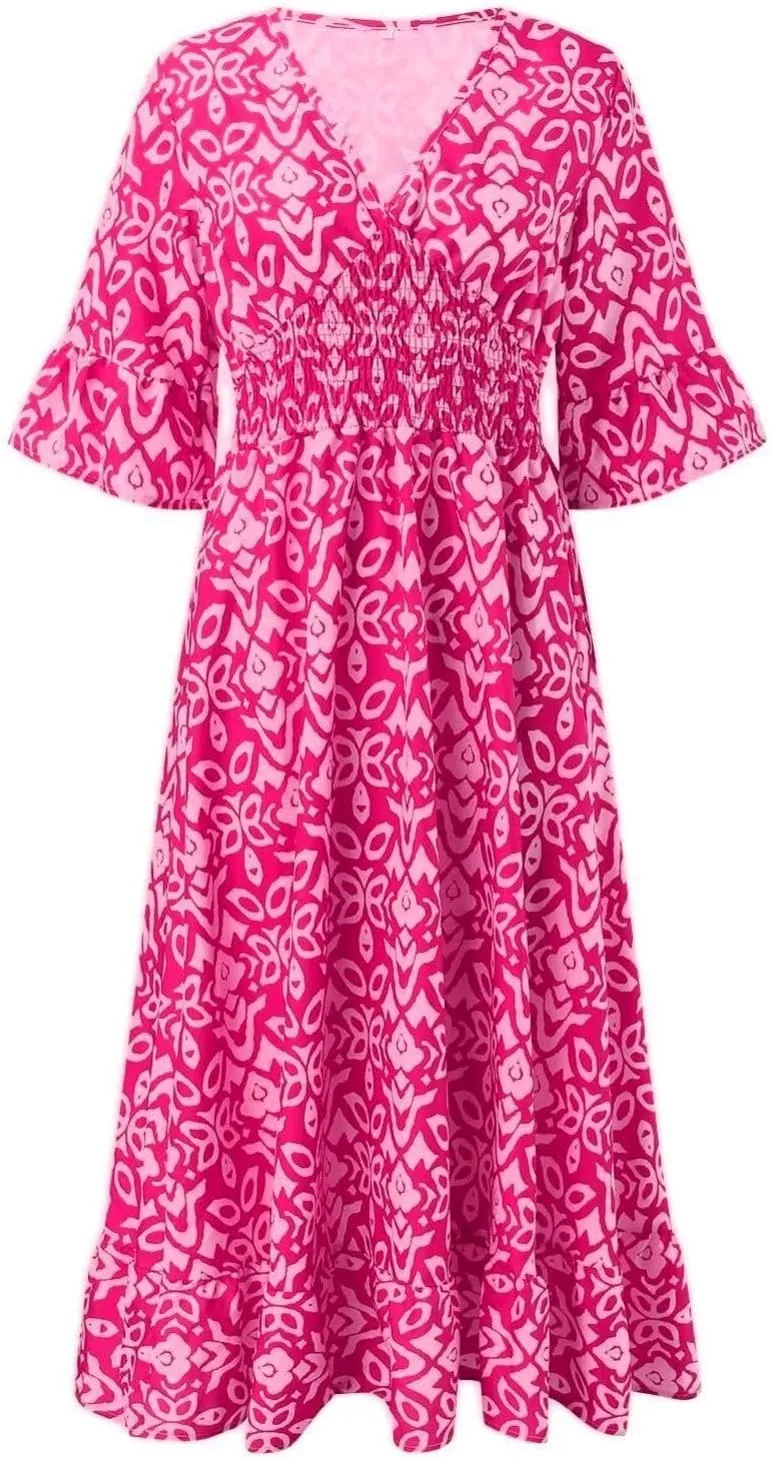 Boho Floral Dress for Women V Neck Wrap Midi Dress Plus Size Casual Flowy Summer Bohemian Dress