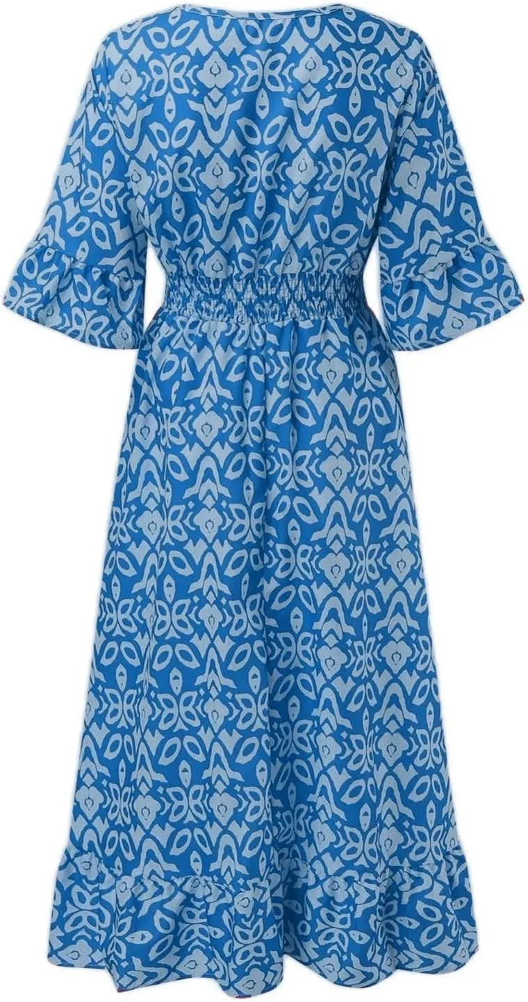 Boho Floral Dress for Women V Neck Wrap Midi Dress Plus Size Casual Flowy Summer Bohemian Dress