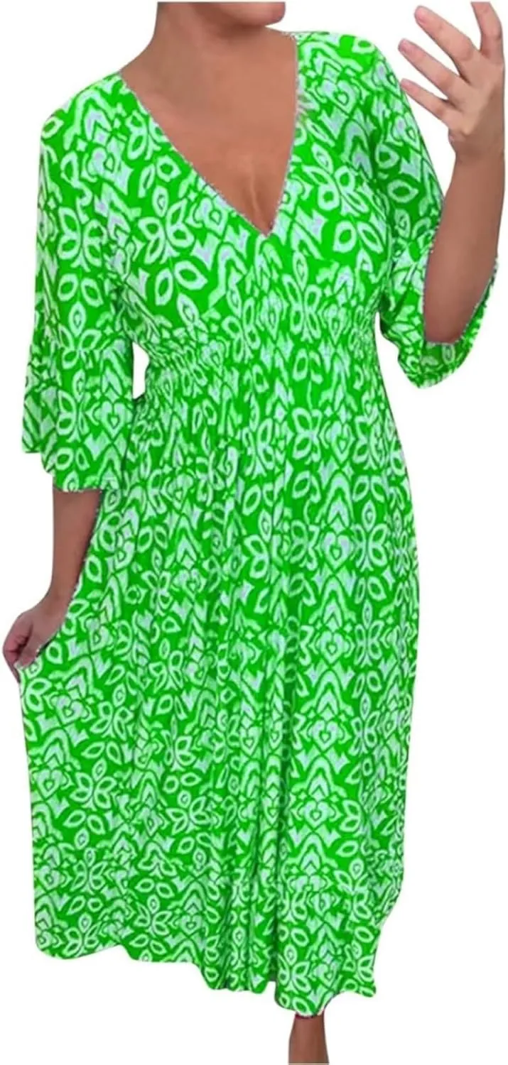Boho Floral Dress for Women V Neck Wrap Midi Dress Plus Size Casual Flowy Summer Bohemian Dress