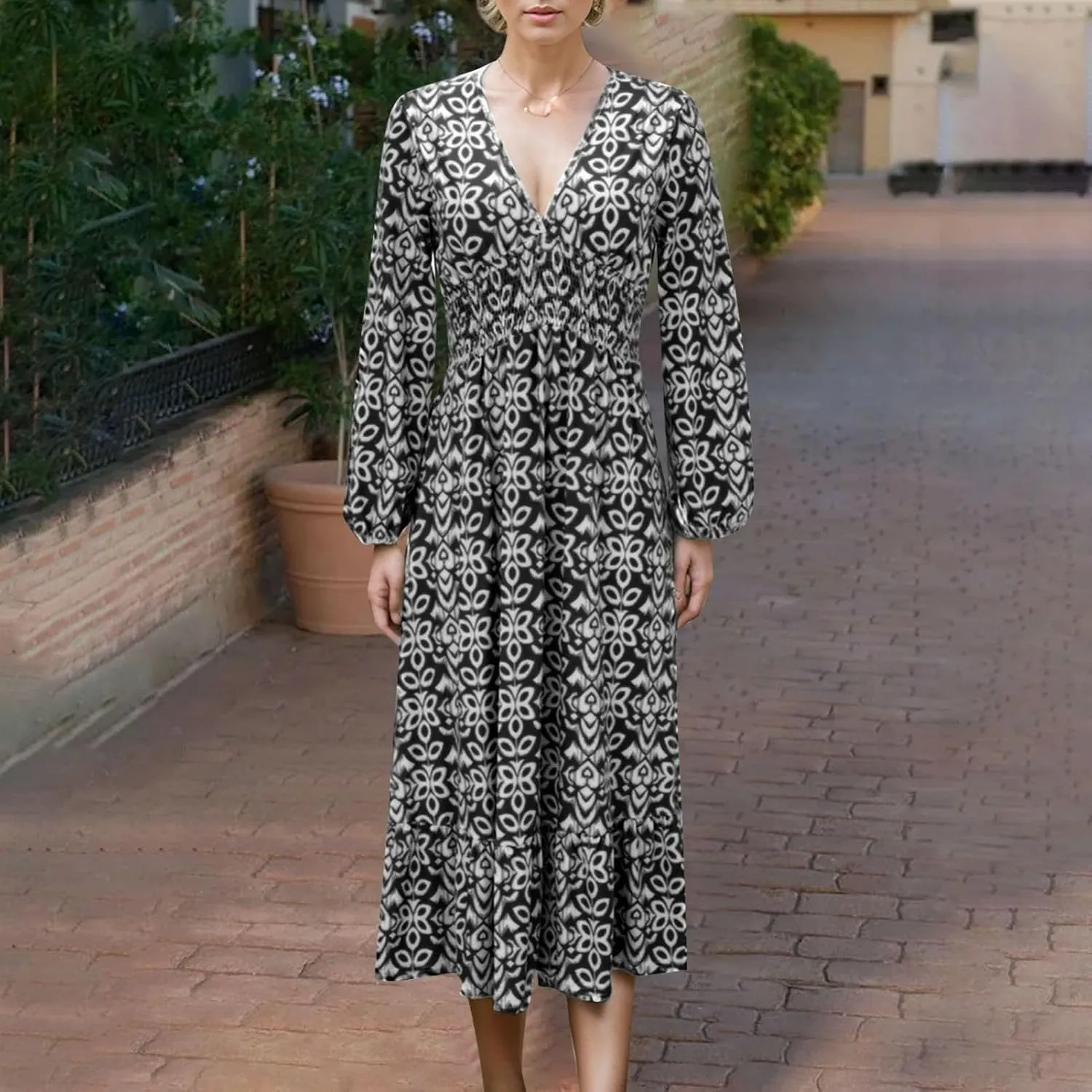 Boho Floral Dress for Women V Neck Wrap Midi Dress Plus Size Casual Flowy Summer Bohemian Dress