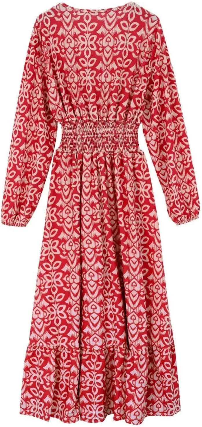 Boho Floral Dress for Women V Neck Wrap Midi Dress Plus Size Casual Flowy Summer Bohemian Dress
