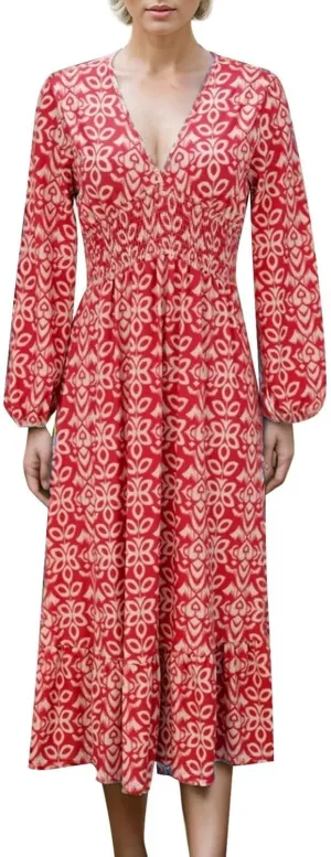 Boho Floral Dress for Women V Neck Wrap Midi Dress Plus Size Casual Flowy Summer Bohemian Dress