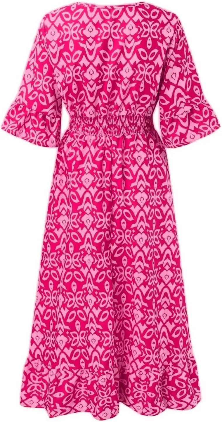 Boho Floral Dress for Women V Neck Wrap Midi Dress Plus Size Casual Flowy Summer Bohemian Dress
