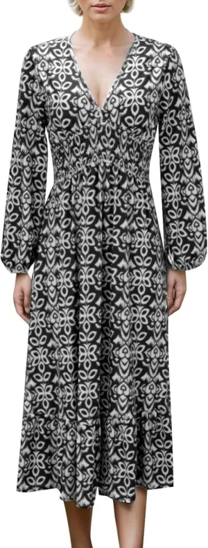 Boho Floral Dress for Women V Neck Wrap Midi Dress Plus Size Casual Flowy Summer Bohemian Dress