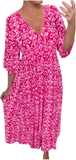 Boho Floral Dress for Women V Neck Wrap Midi Dress Plus Size Casual Flowy Summer Bohemian Dress