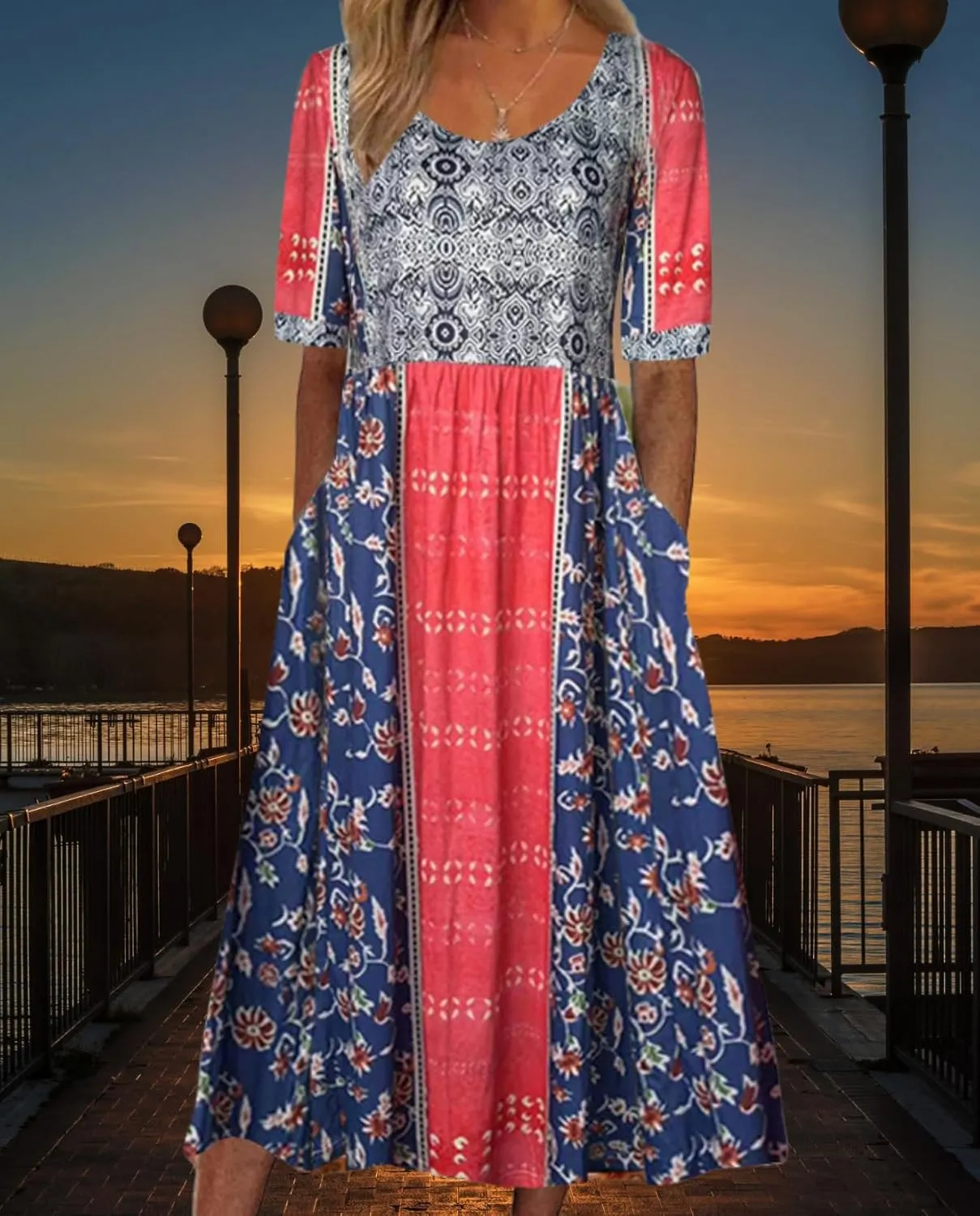 Boho Floral Maxi Dress for Women Casual Loose Summer Short Sleeve Beach Vacation Dresses with Pockets