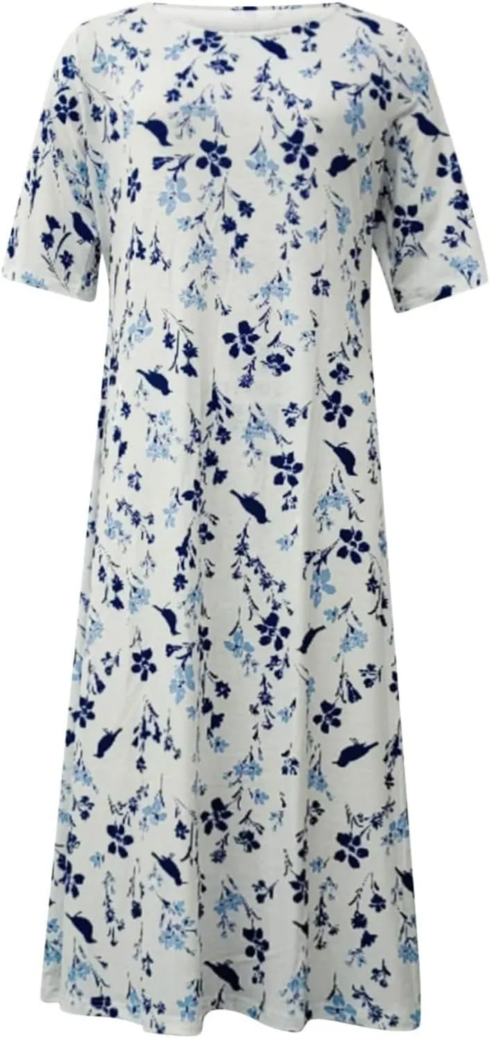 Boho Floral Maxi Dress for Women Casual Loose Summer Short Sleeve Beach Vacation Dresses with Pockets