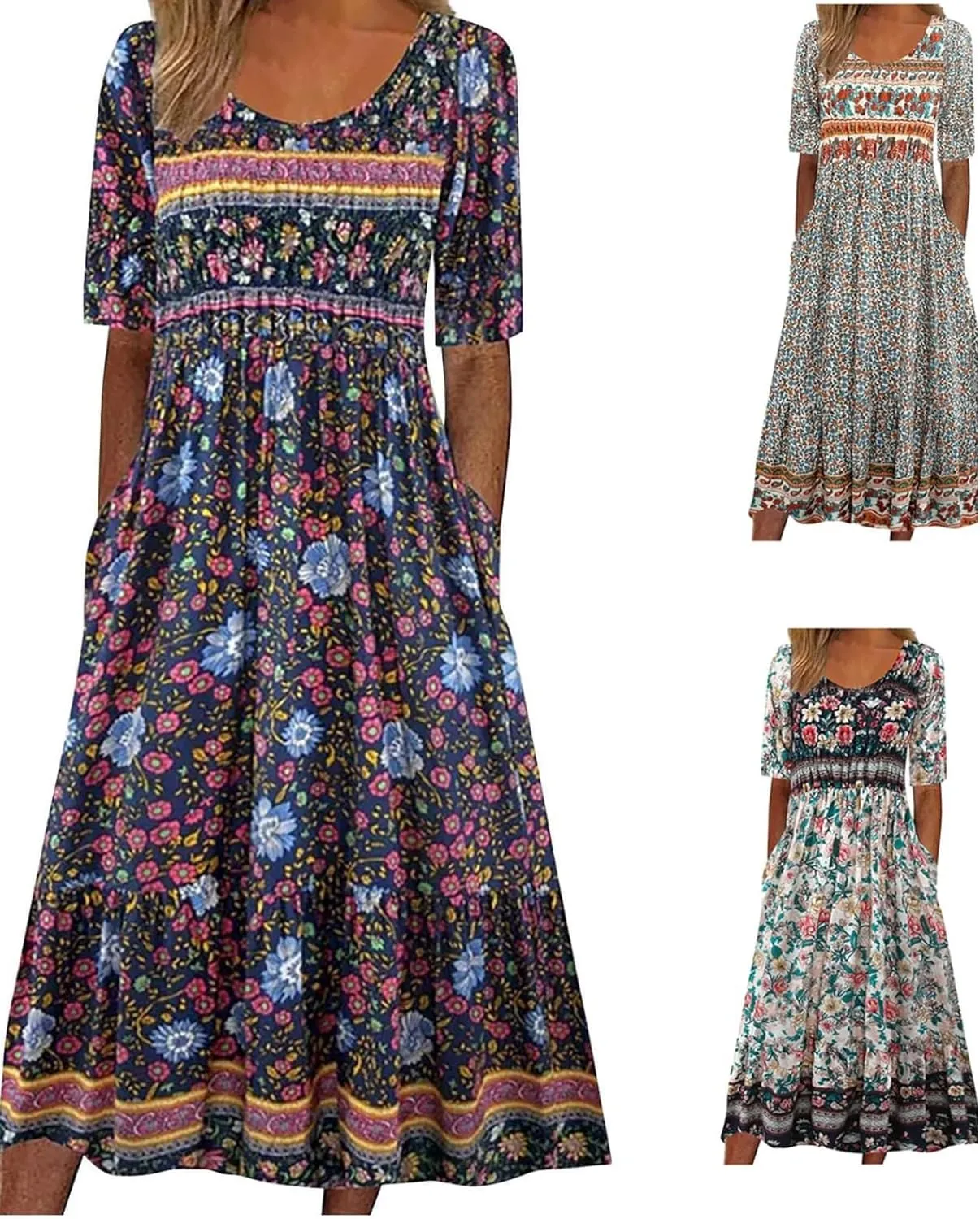 Boho Floral Maxi Dress for Women Casual Loose Summer Short Sleeve Beach Vacation Dresses with Pockets