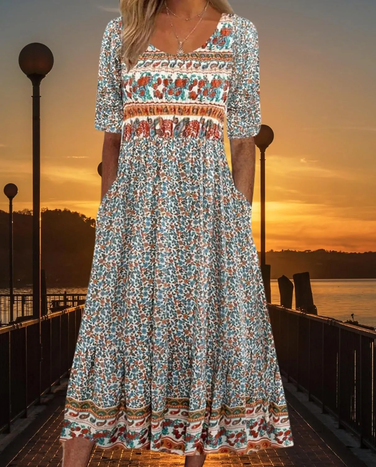 Boho Floral Maxi Dress for Women Casual Loose Summer Short Sleeve Beach Vacation Dresses with Pockets