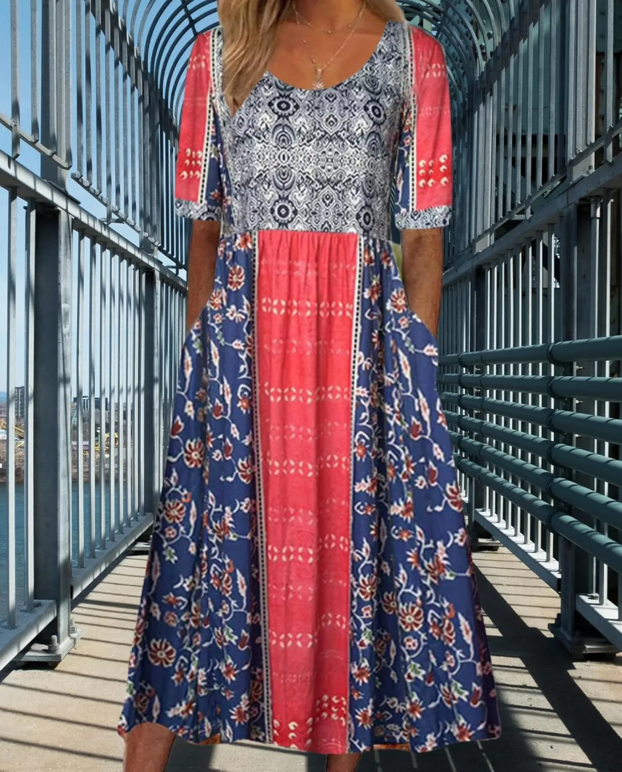 Boho Floral Maxi Dress for Women Casual Loose Summer Short Sleeve Beach Vacation Dresses with Pockets